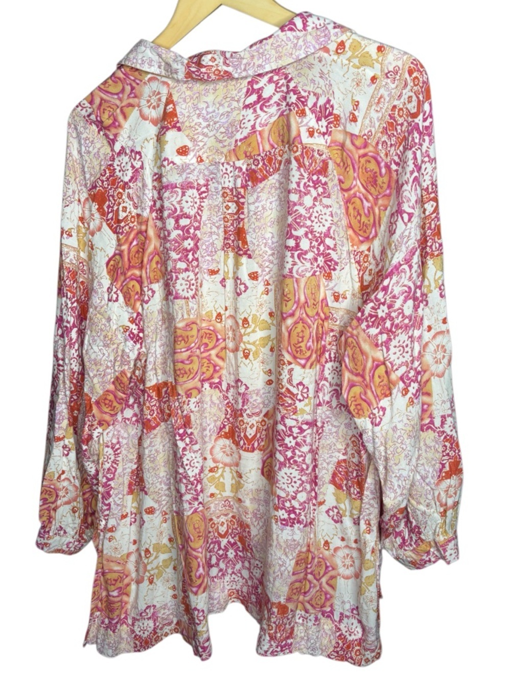 CHRISTIAN SIRIANO | Patchwork Floral Blouse Pink Orange Rayon Boho Button Front - Picture 6 of 6